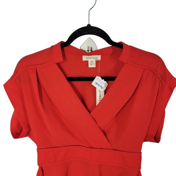 Monteau Womens Sz M Red Solid Cap Sleeve Peplum Blouse - Picture 2 of 12
